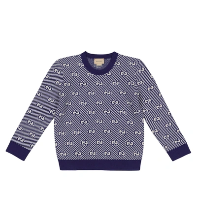 Gucci Kids' All Over Logo Knitted Sweater Navy In 블루,화이트