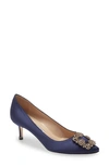 Manolo Blahnik Crystal Buckle Detail Design High Heels In Navy Satin/ Silk Buckle