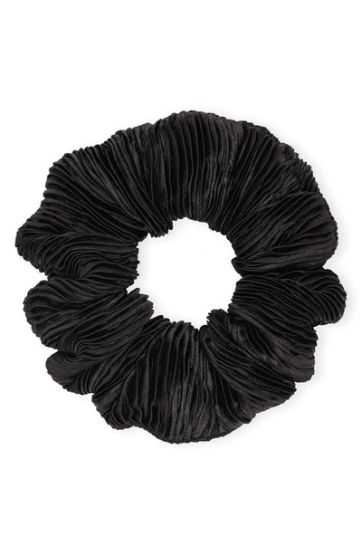 Ganni Pleated Satin Scrunchie In Black