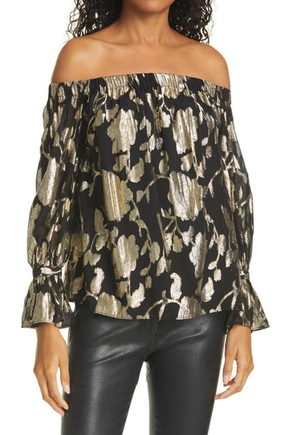 Milly Metallic Clip Chiffon Off Shoulder Top In Black/gold