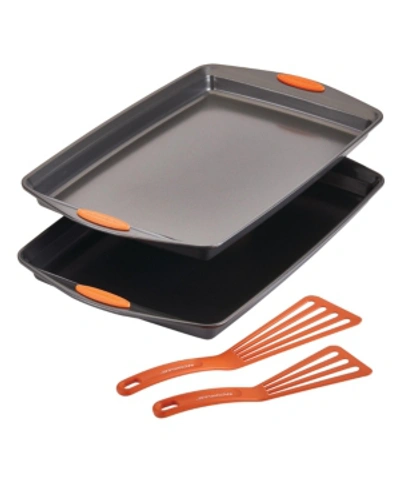 Rachael Ray Bakeware Oven Lovin' Nonstick Double Batch Cookie Pan And Utensil Set, 4-pc., Orange Handles In Gray With Orange Grips
