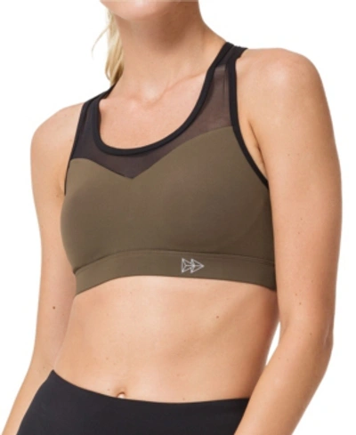 Yvette Sports Bras Mesh Covered High Impact Removable Pads Double Layer Multiple Straps Workout Bra With Bo In Olive