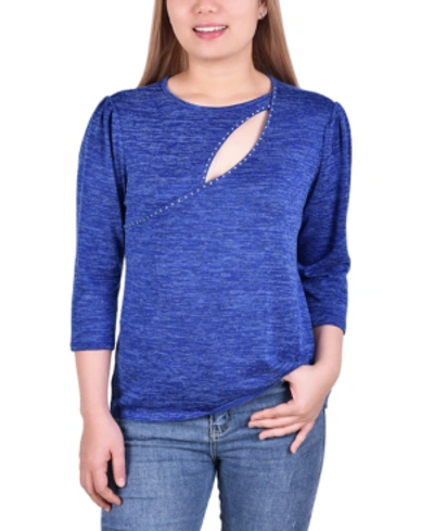 Ny Collection Women's 3/4 Sleeve Cutout Neck Top With Studs In Blue