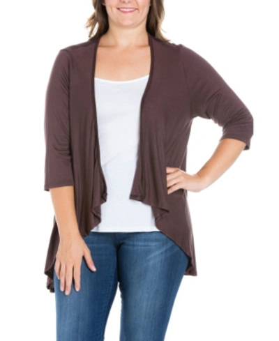 24seven Comfort Apparel Plus Size Elbow Length Sleeve Open Cardigan In Brown