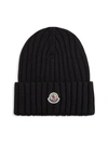 Moncler Logo Patch Cuff Virgin Wool Rib Beanie In Black