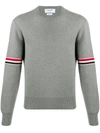 Thom Browne Tricolor Inlay Milano Stitch Cotton Sweater In Grey