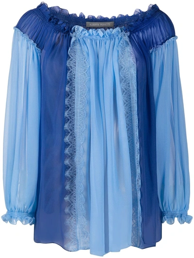 Alberta Ferretti Colourblock Gathered Silk Blouse In Blue
