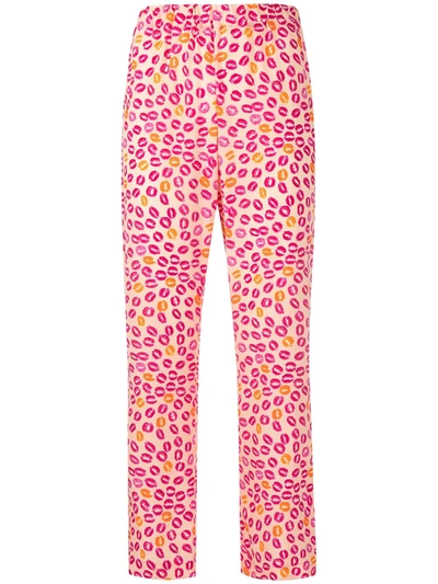 Marni Lip-print Cropped Silk Trousers In Pink