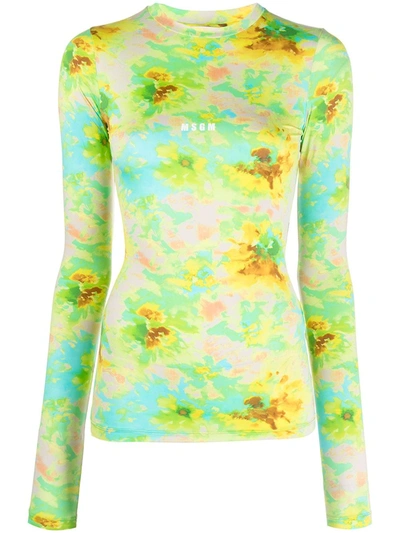 Msgm Floral Long-sleeve T-shirt In Green