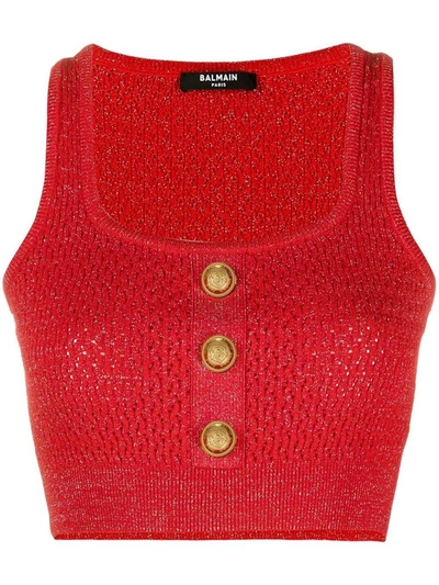 Balmain Cropped Tank Top In Red