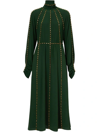Burberry Long-sleeve Crystal Trim Silk Crepe De Chine Gown In Green