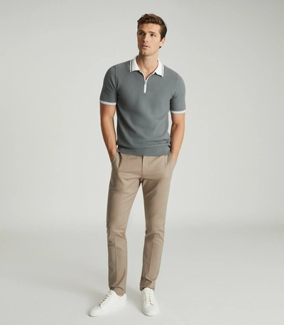 Reiss Textured Zip Neck Polo Shirt In Sage