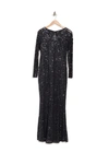 Marina Sequin Lace Long Sleeve Gown In Gun