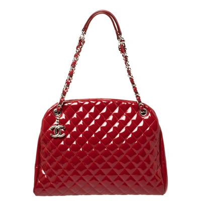 Pre-owned Chanel Red Quilted Patent Leather Medium Just Mademoiselle Bowler Bag