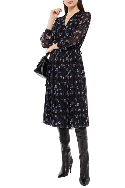 Kenzo Pleated Floral-print Chiffon Midi Dress In Black