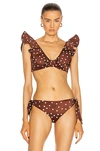 Johanna Ortiz + Net Sustain Rolling Hills Ruffled Polka-dot Bikini Top In Indian Madder