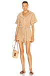 Terry Belted Romper In Tan