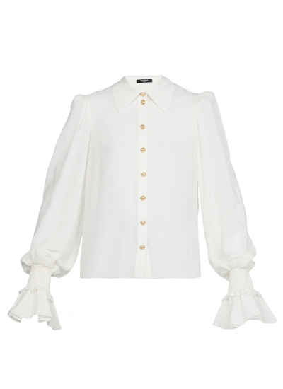 Balmain Silk Shirt With Embossed Buttons In White