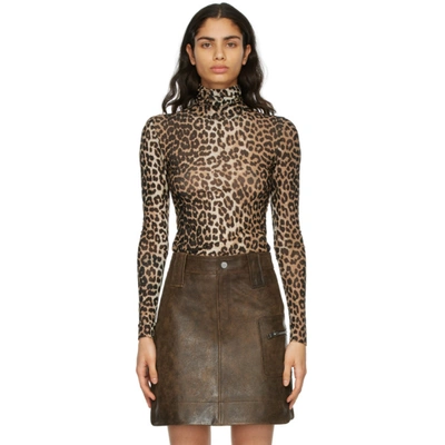 Ganni Black & Brown Leopard Mesh Turtleneck In 943 Leopard