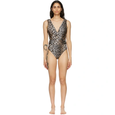 Ganni Leopard Print One-piece Swimsuit In Brown