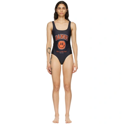 Ganni Logo Recycled One Piece Swimsuit In Black