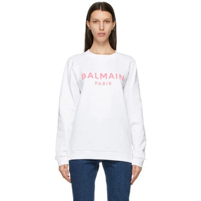 Balmain Logo Printed Crewneck Cotton Sweatshirt In White,pink