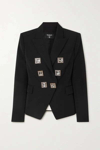 Balmain Double-breasted Crystal-embellished Grain De Poudre Wool Blazer In Black