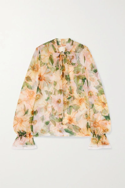 Dolce & Gabbana Pussy-bow Lace-trimmed Floral-print Silk-blend Chiffon Blouse In Yellow