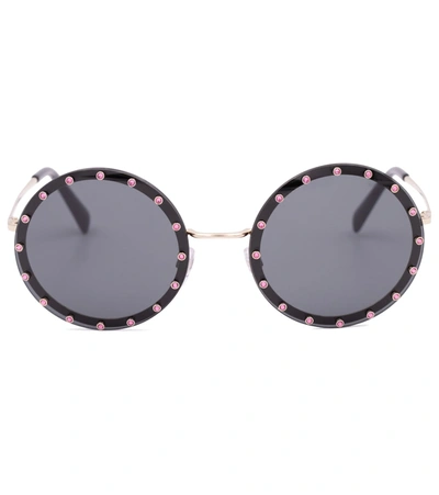 Valentino Embellished Round Sunglasses In Black
