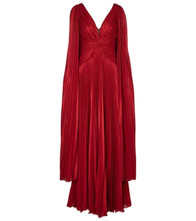 Marchesa Notte V-neck Cape-sleeve Pleated Lame Chiffon Gown In Red