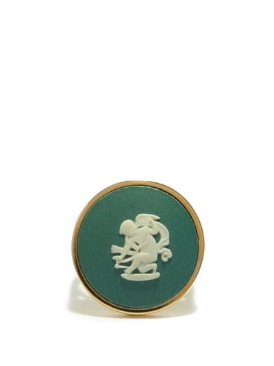 Ferian Cupid Wedgwood Cameo & 9kt Gold Signet Ring In Green White