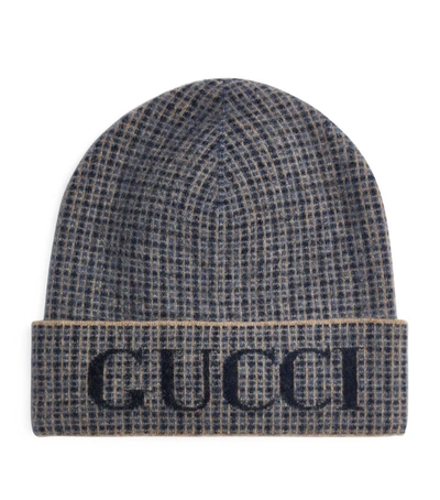Gucci Logo-intarsia Checked Wool-blend Beanie In Grey