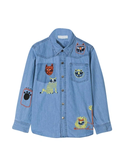 Stella Mccartney Kids' Chambray Shirt W/ Embroidered Cats In Blue