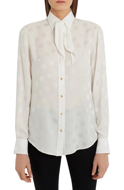 Dolce & Gabbana Bow Neck Polka Dot Jacquard Silk Blouse In White