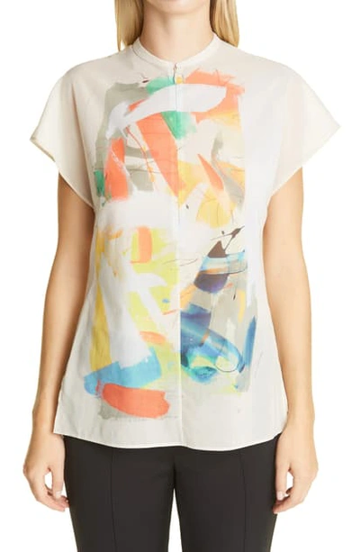 Akris Abstract Zip Front Silk Blouse In 117-ice