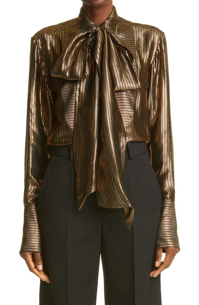 Victoria Beckham Bib-front Metallic Striped Tie-neck Blouse In Gold Black