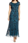 PISARRO NIGHTS BEADED MESH COLUMN GOWN,D1406