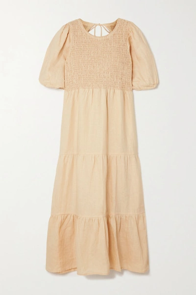 Faithfull The Brand + Net Sustain Alberte Open-back Shirred Linen Midi Dress In Sand