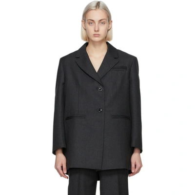 Ganni Grey Wool Suiting Oversized Blazer In Black