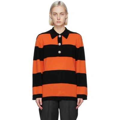 Ganni Crystal-button Striped Polo Cashmere Sweater In Orange,black