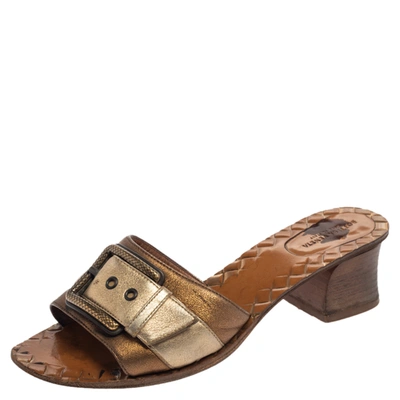 Pre-owned Bottega Veneta Metallic Block Heel Slide Sandals Size 38