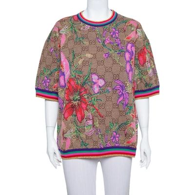 Pre-owned Gucci Brown Floral Logo Monogram Lurex Knit Short Sleeve Sweater L