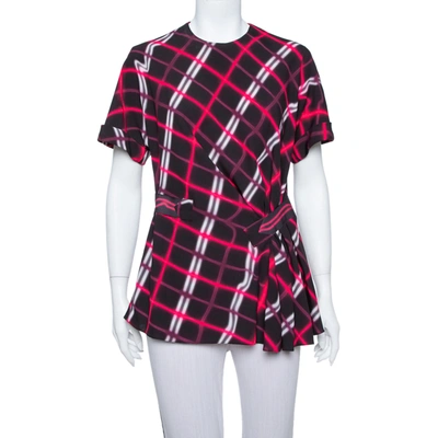 Pre-owned Kenzo Black Plaid Pattern Printed Crepe Waist Inset Tie Detail Top M