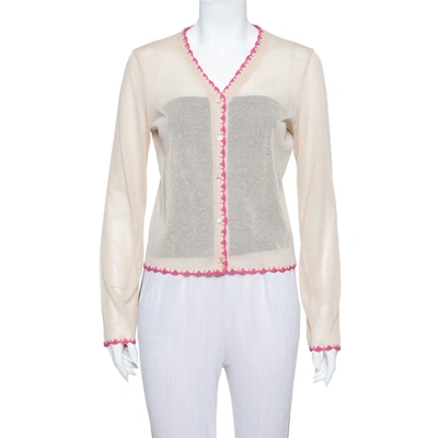 Pre-owned Dolce & Gabbana Vintage Beige Knit Contrast Trim Crochet Button Front Cardigan L