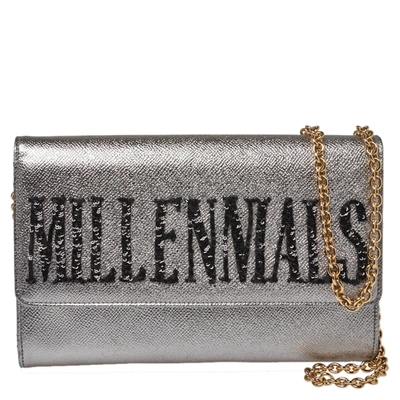 Pre-owned Dolce & Gabbana Metallic Silver Leather Millennials Chain Clutch