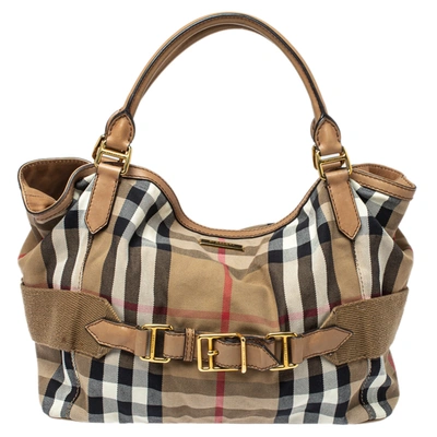 Pre-owned Burberry Beige Houe Check Canvas And Leather Aurelia Diaper Bag