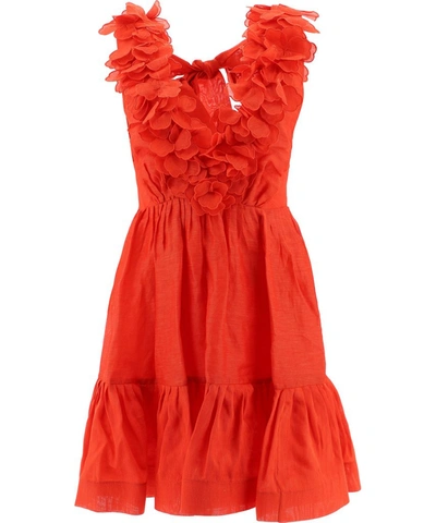 Zimmermann Lovestruck Garland Plunge-neck Linen-blend Dress In Red