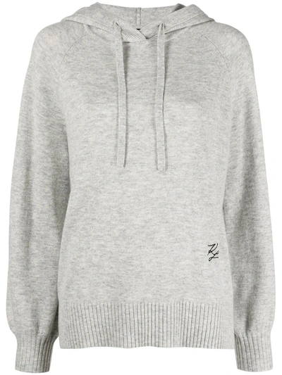 Karl Lagerfeld Embroidered Logo Knitted Hoodie In Grey