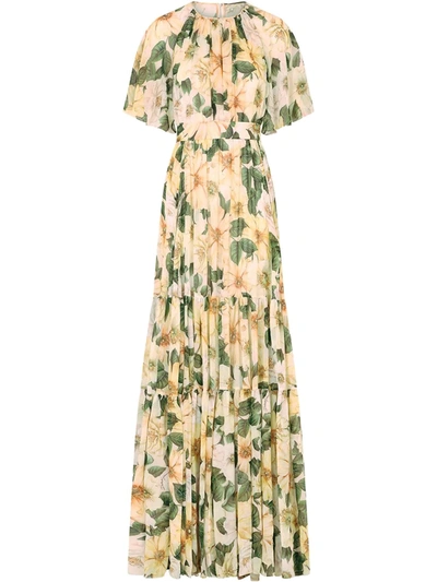 Dolce & Gabbana Camelia Print Silk Georgette Maxi Dress In Yellow