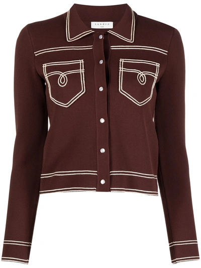 Sandro Topstitched Denim-style Milano Cardigan In Brown